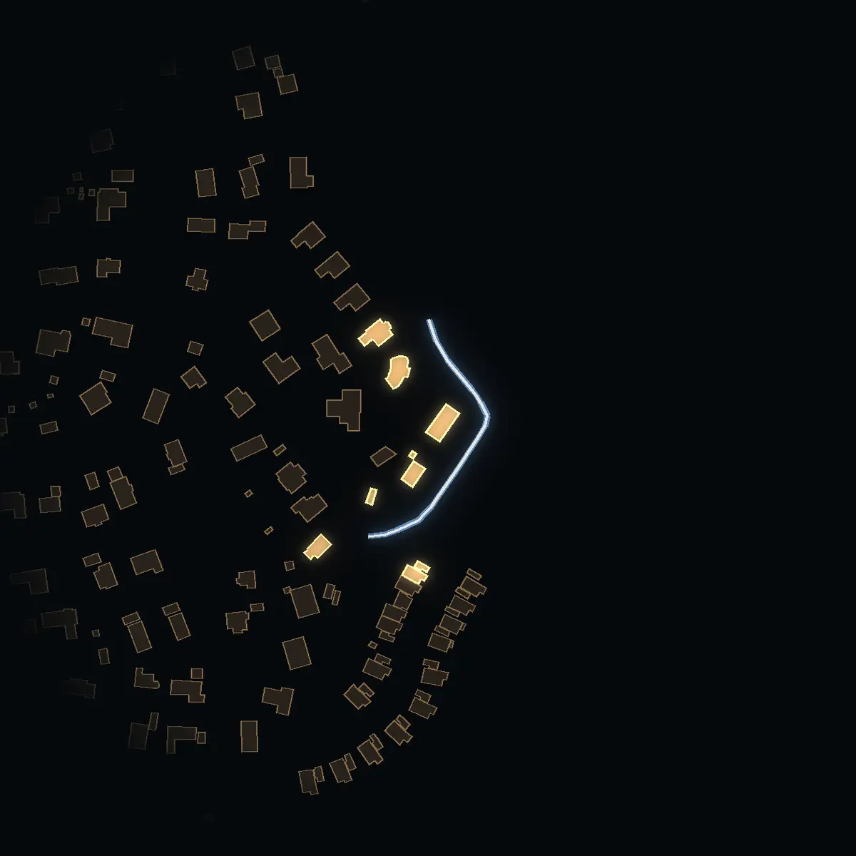 The street at night: Kiselvägen drawn in white, its buildings lit in the colour of their area’s income