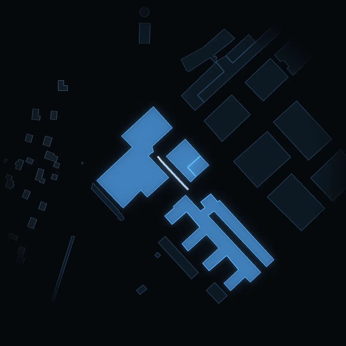 The street at night: Kyrkbacken drawn in white, its buildings lit in the colour of their area’s income