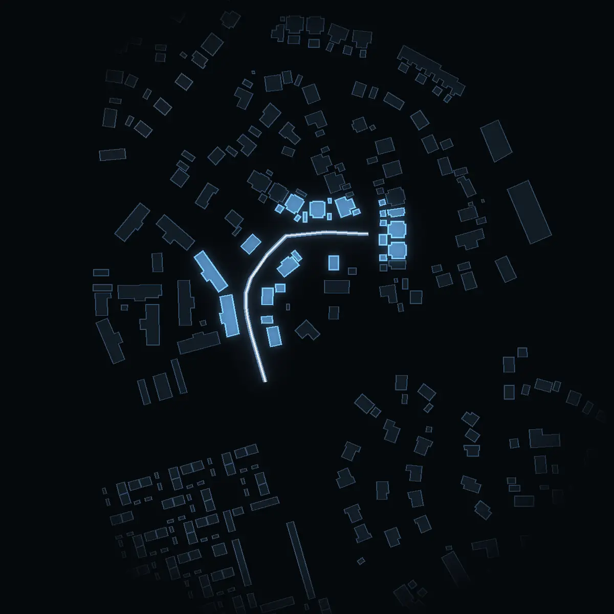 The street at night: Lantmätarvägen drawn in white, its buildings lit in the colour of their area’s income