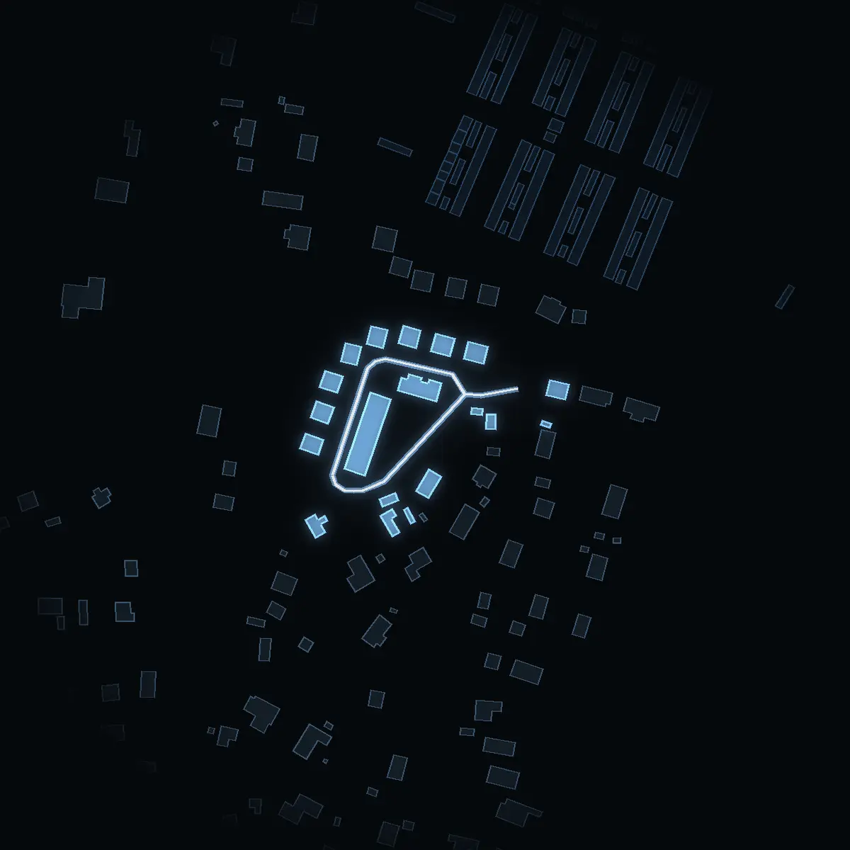 The street at night: Larmvägen drawn in white, its buildings lit in the colour of their area’s income