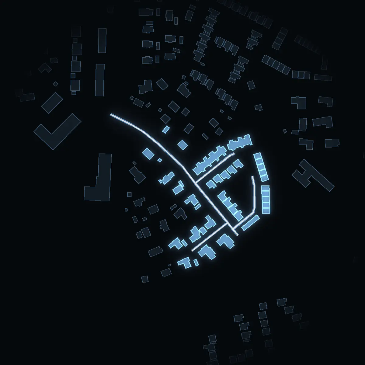 The street at night: Libbyvägen drawn in white, its buildings lit in the colour of their area’s income