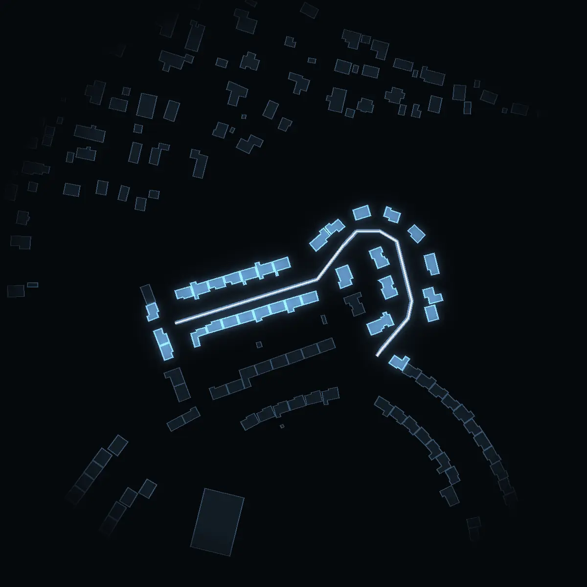 The street at night: Lievägen drawn in white, its buildings lit in the colour of their area’s income