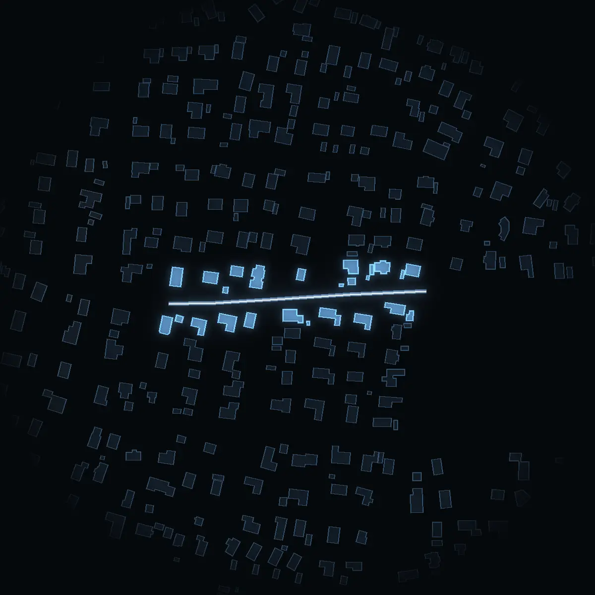 The street at night: Lindvägen drawn in white, its buildings lit in the colour of their area’s income