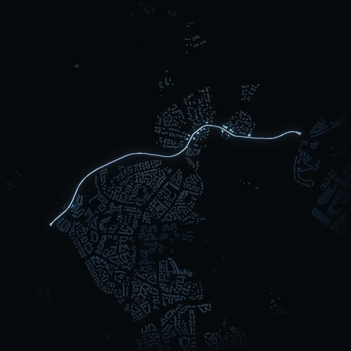The street at night: Löttingelundsvägen drawn in white, its buildings lit in the colour of their area’s income