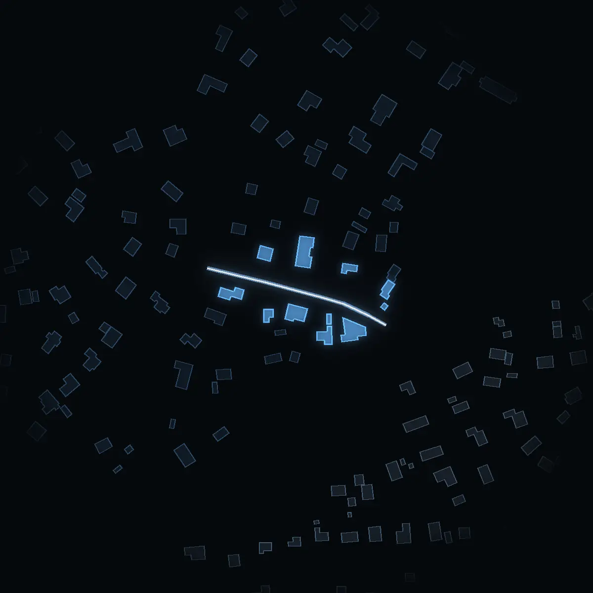 The street at night: Måbärsstigen drawn in white, its buildings lit in the colour of their area’s income