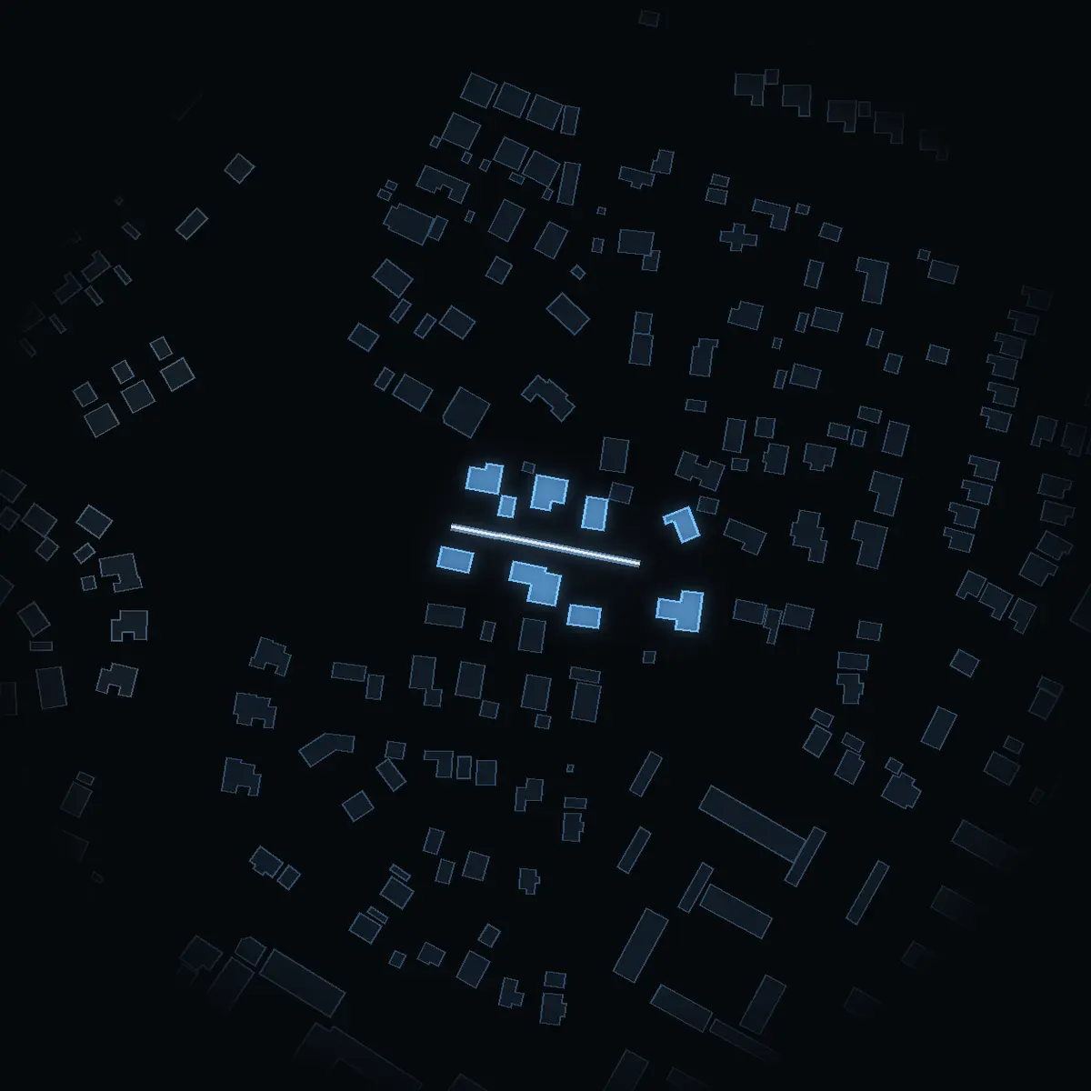 The street at night: Margaretabacken drawn in white, its buildings lit in the colour of their area’s income