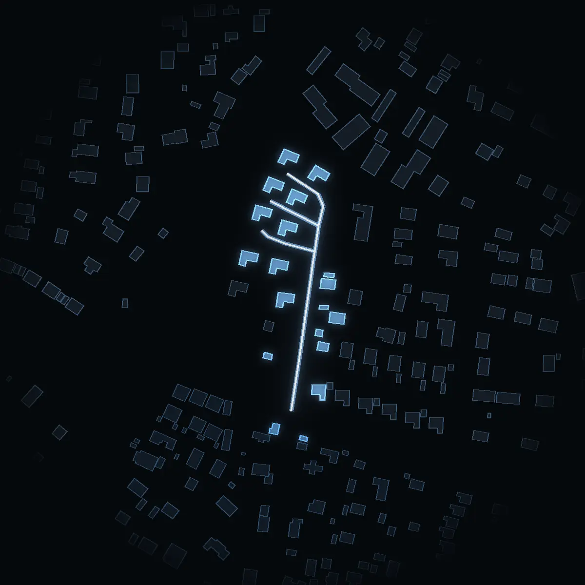 The street at night: Margretelundsbacken drawn in white, its buildings lit in the colour of their area’s income