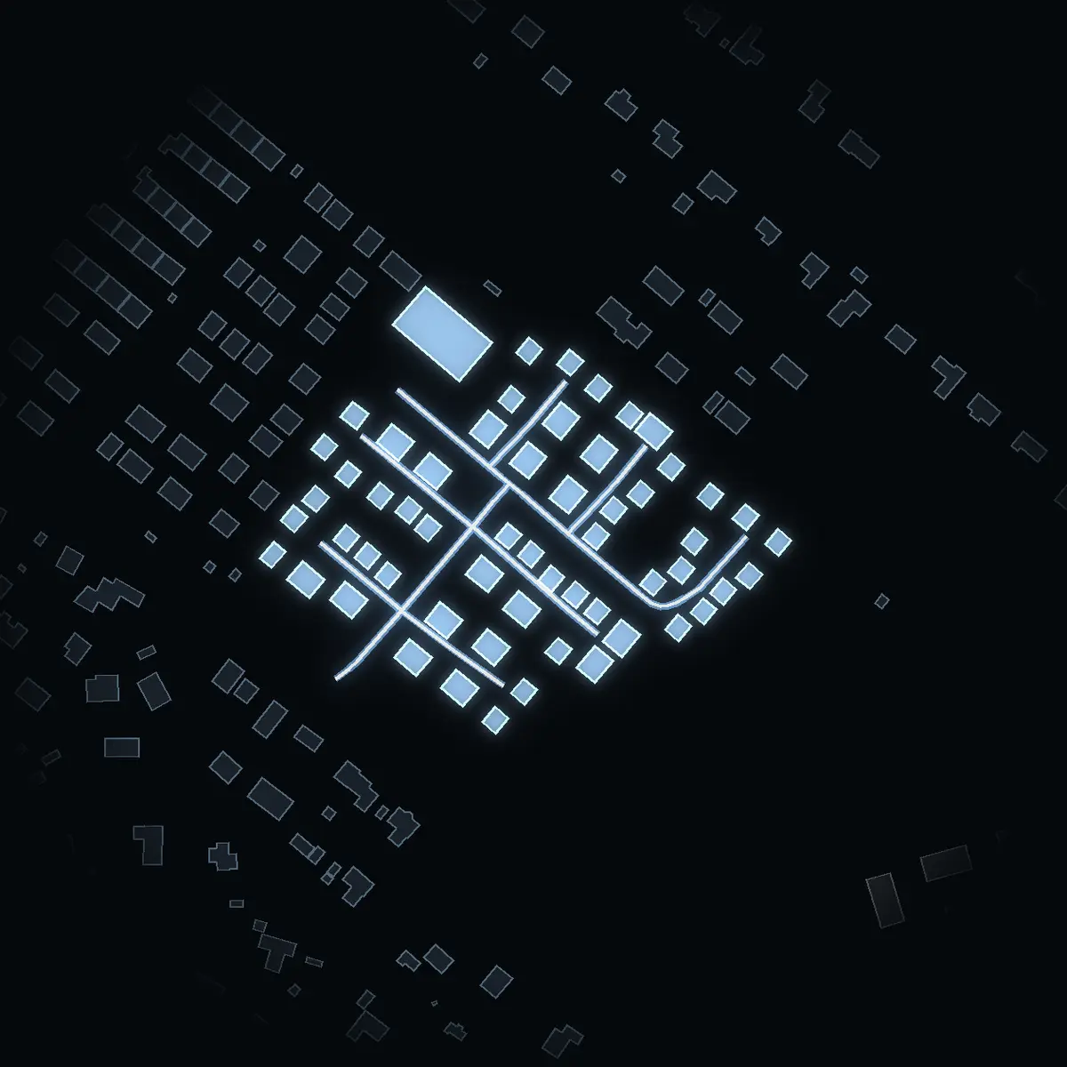 The street at night: Meijerfeldts väg drawn in white, its buildings lit in the colour of their area’s income