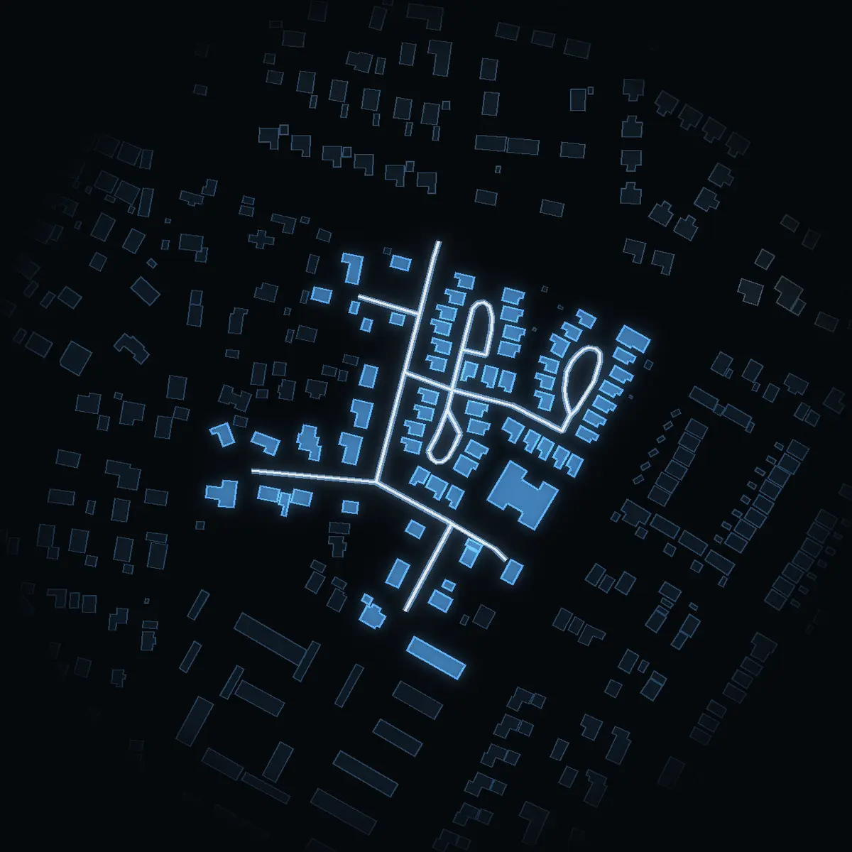 The street at night: Miklagårdsvägen drawn in white, its buildings lit in the colour of their area’s income