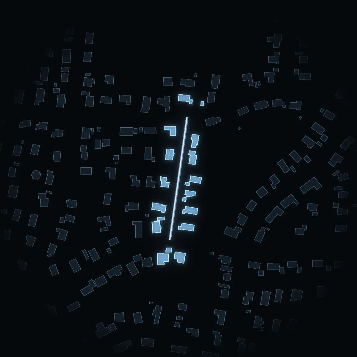 The street at night: Moränvägen drawn in white, its buildings lit in the colour of their area’s income