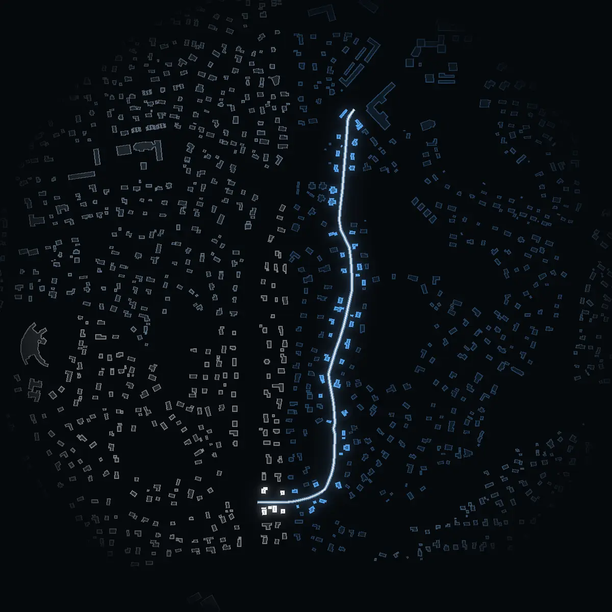 The street at night: Mosstorpsvägen drawn in white, its buildings lit in the colour of their area’s income
