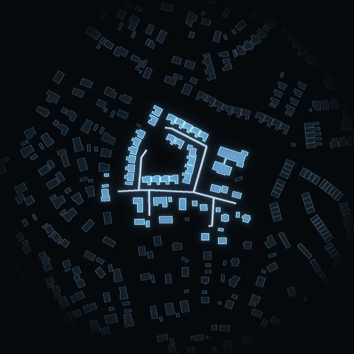 The street at night: Nickelvägen drawn in white, its buildings lit in the colour of their area’s income