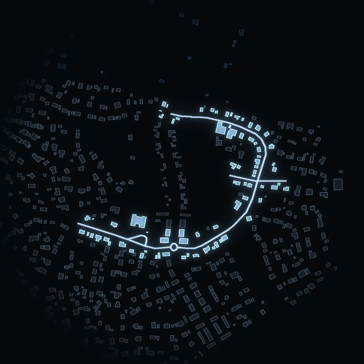 The street at night: Odensvägen drawn in white, its buildings lit in the colour of their area’s income
