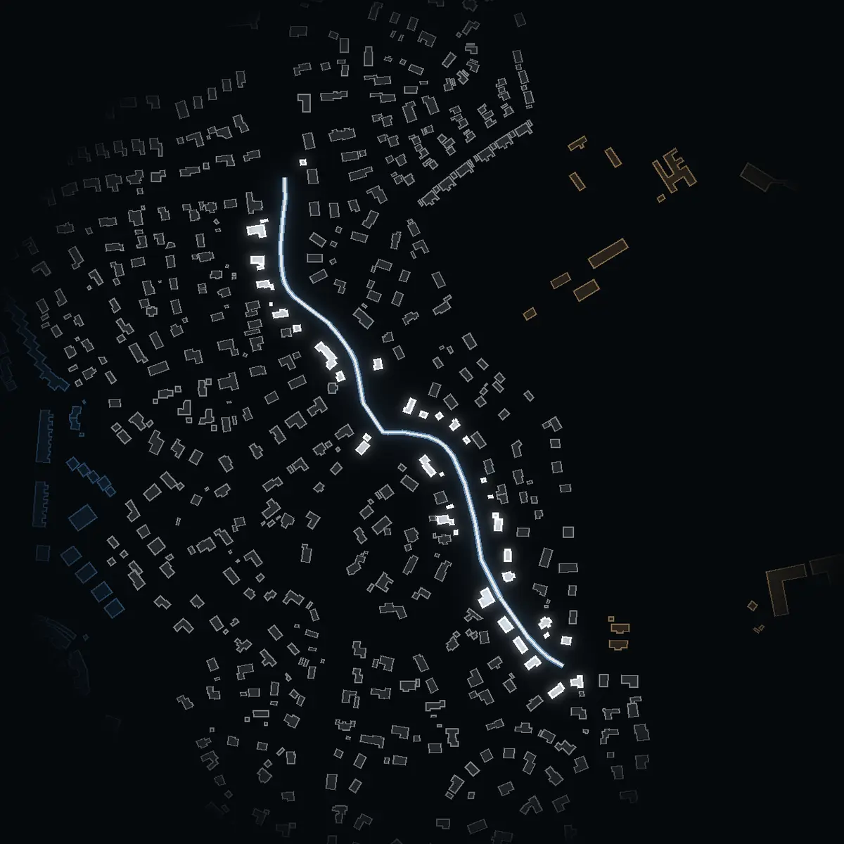 The street at night: Pilfinksvägen drawn in white, its buildings lit in the colour of their area’s income