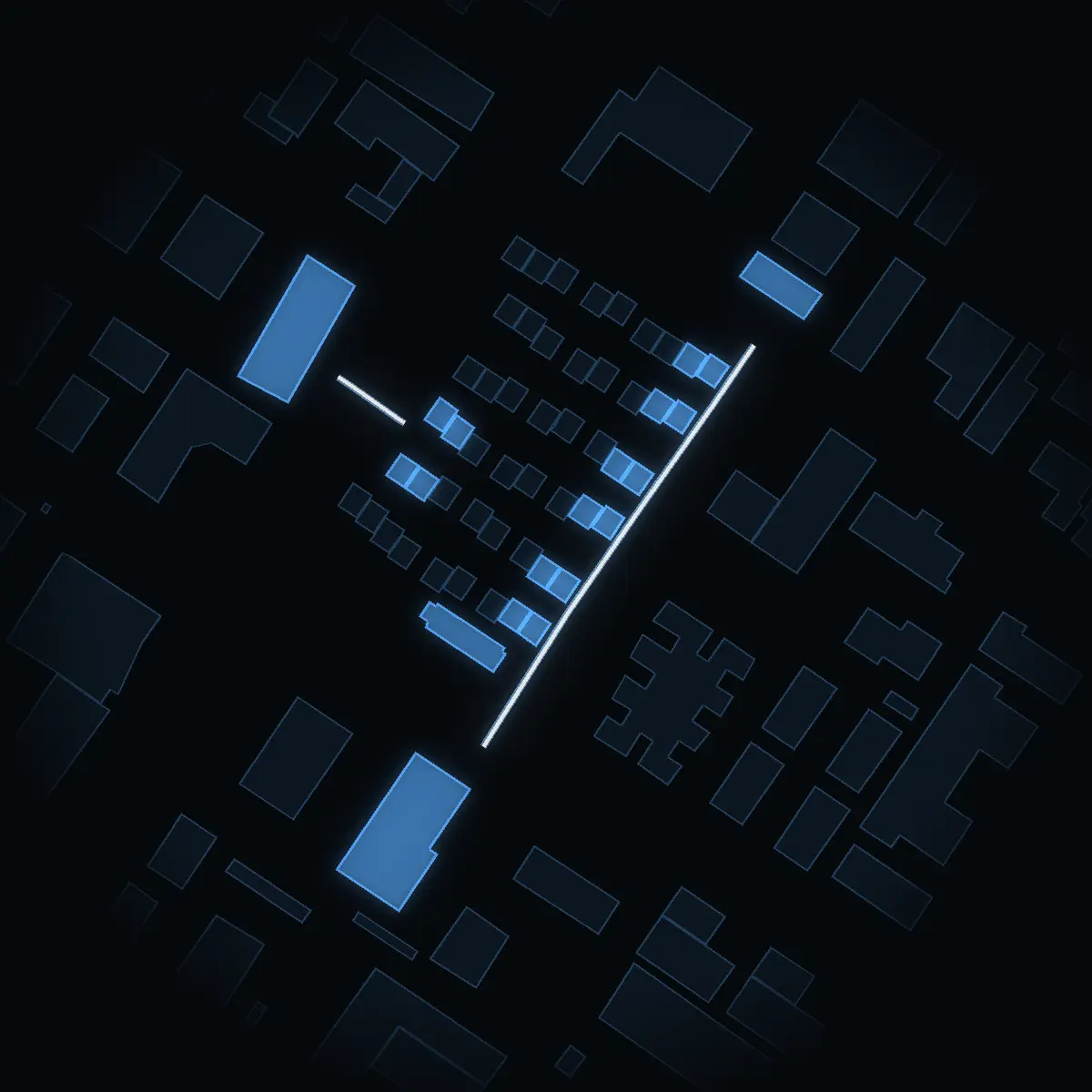 The street at night: Polygonvägen drawn in white, its buildings lit in the colour of their area’s income