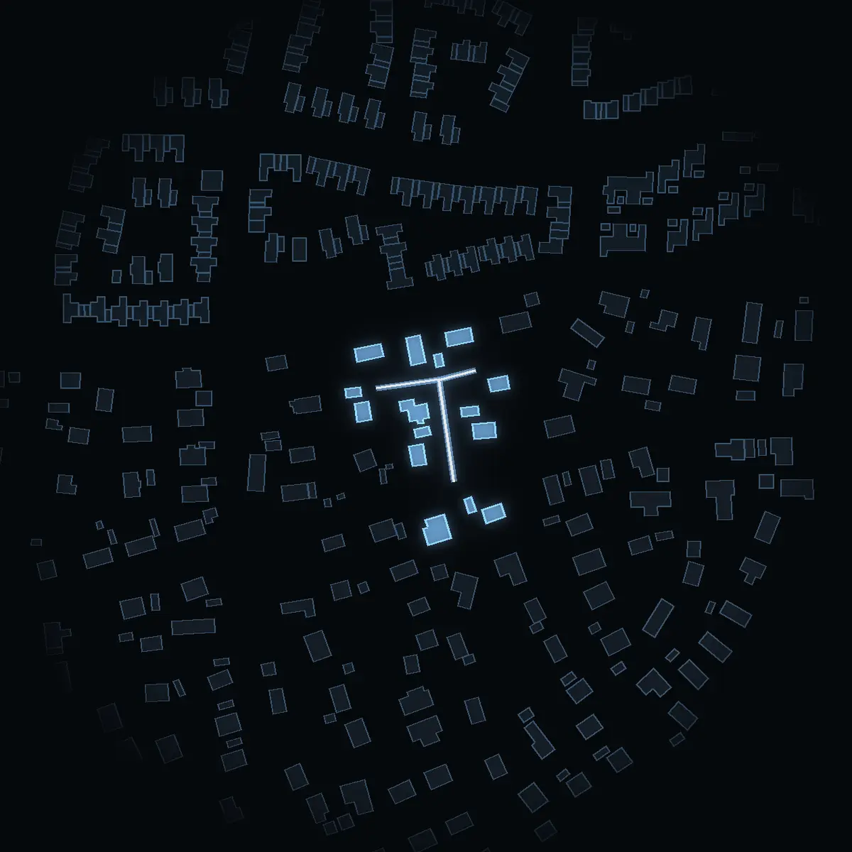 The street at night: Ponnygränd drawn in white, its buildings lit in the colour of their area’s income