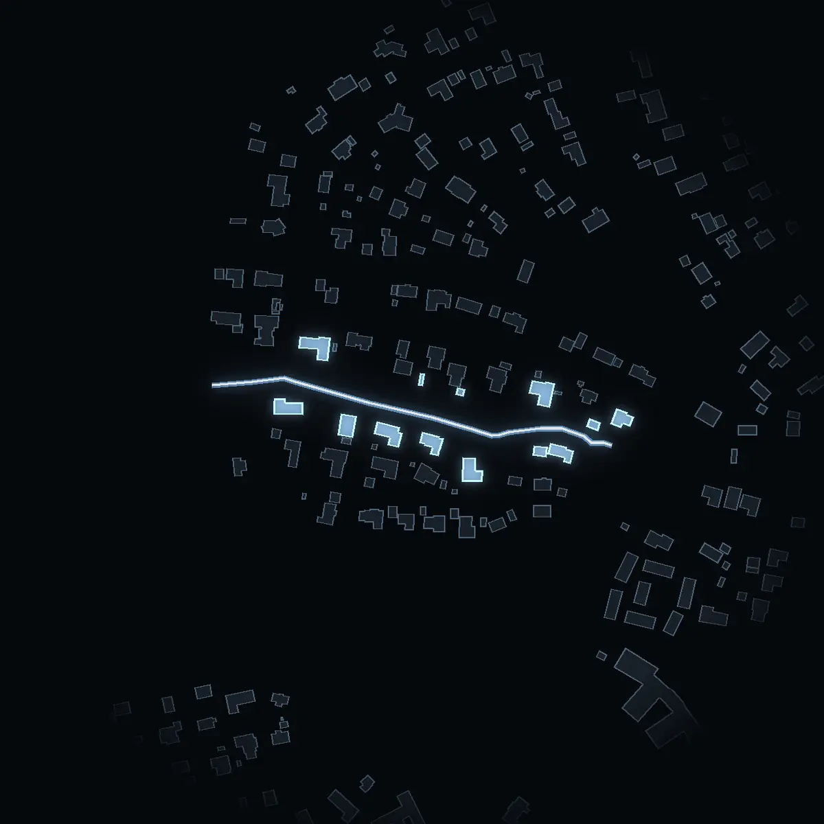 The street at night: Rågvägen drawn in white, its buildings lit in the colour of their area’s income