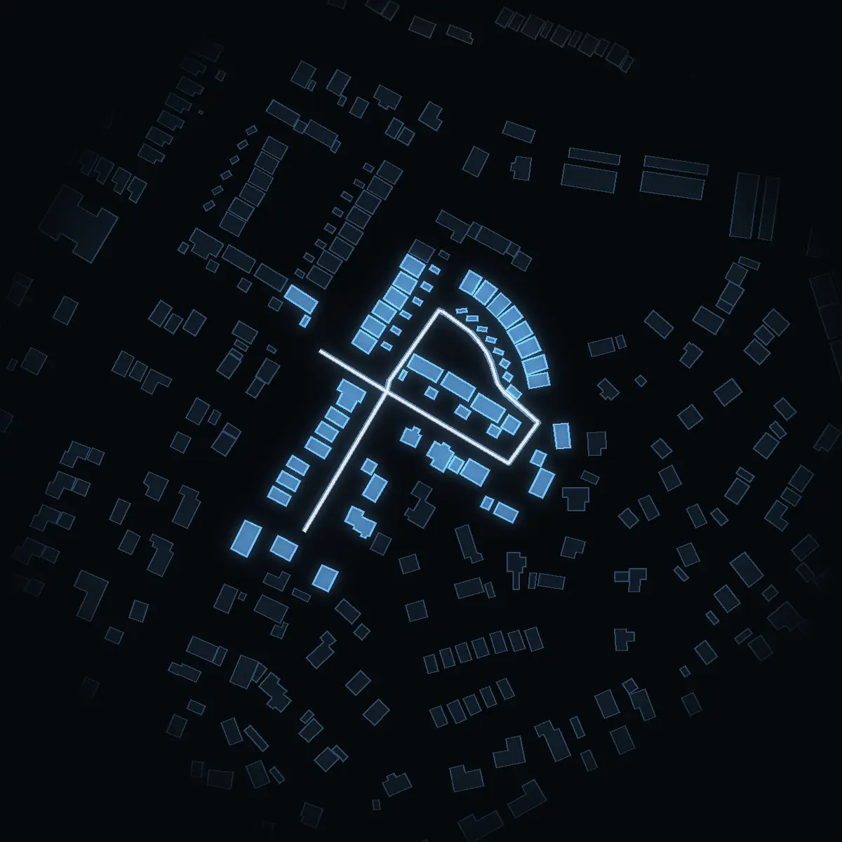 The street at night: Rallargränd drawn in white, its buildings lit in the colour of their area’s income