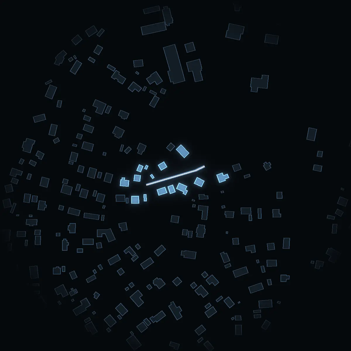 The street at night: Ranvägen drawn in white, its buildings lit in the colour of their area’s income