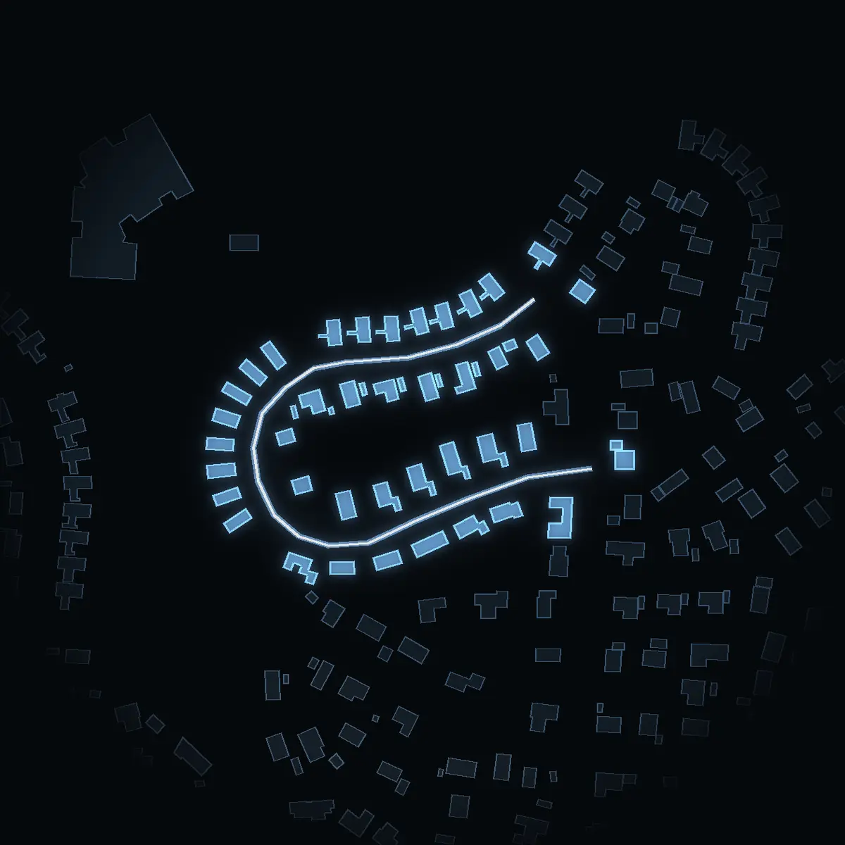 The street at night: Ravinvägen drawn in white, its buildings lit in the colour of their area’s income