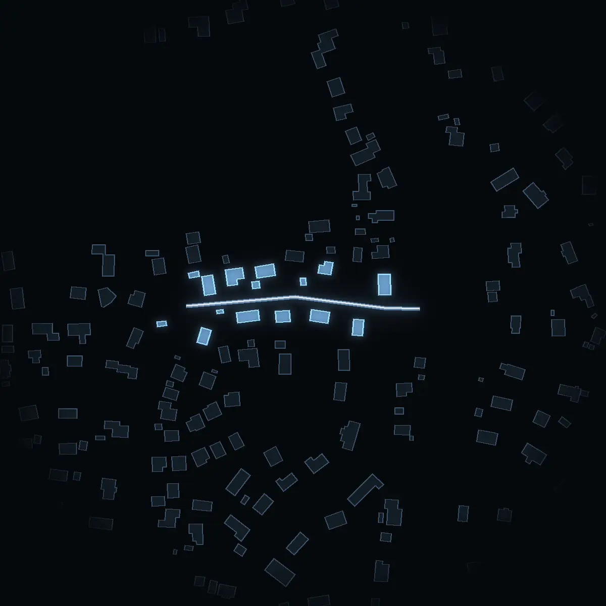 The street at night: Renvägen drawn in white, its buildings lit in the colour of their area’s income