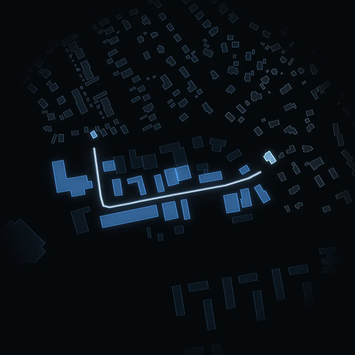 The street at night: Reprovägen drawn in white, its buildings lit in the colour of their area’s income