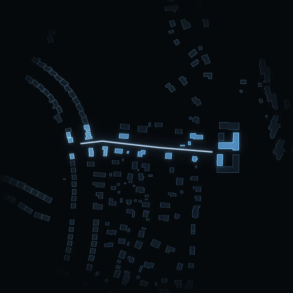 The street at night: Rigavägen drawn in white, its buildings lit in the colour of their area’s income