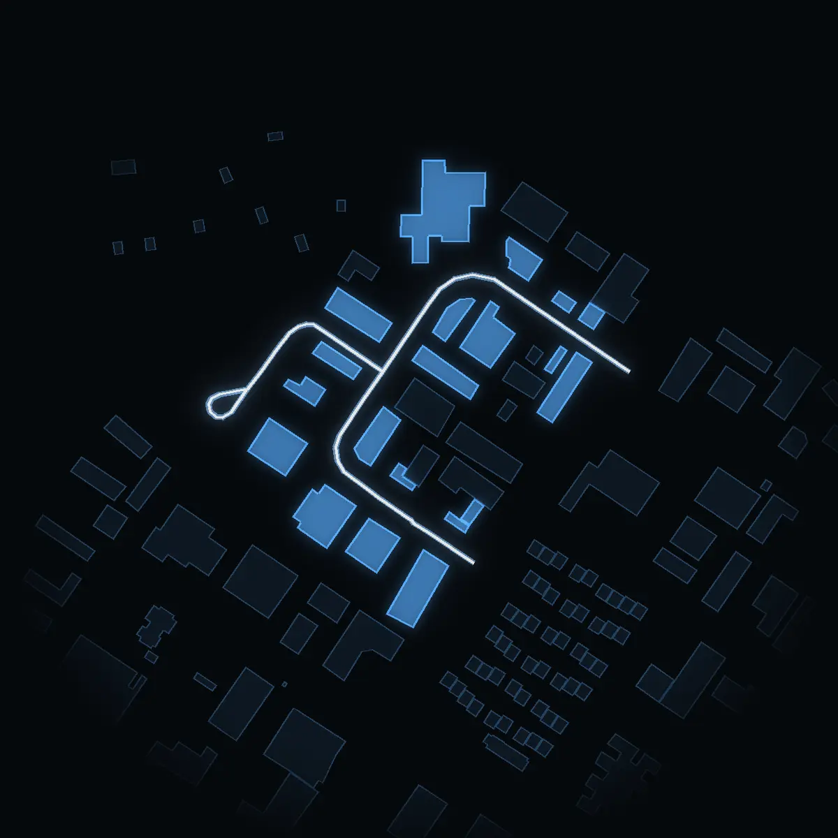 The street at night: Ritarslingan drawn in white, its buildings lit in the colour of their area’s income