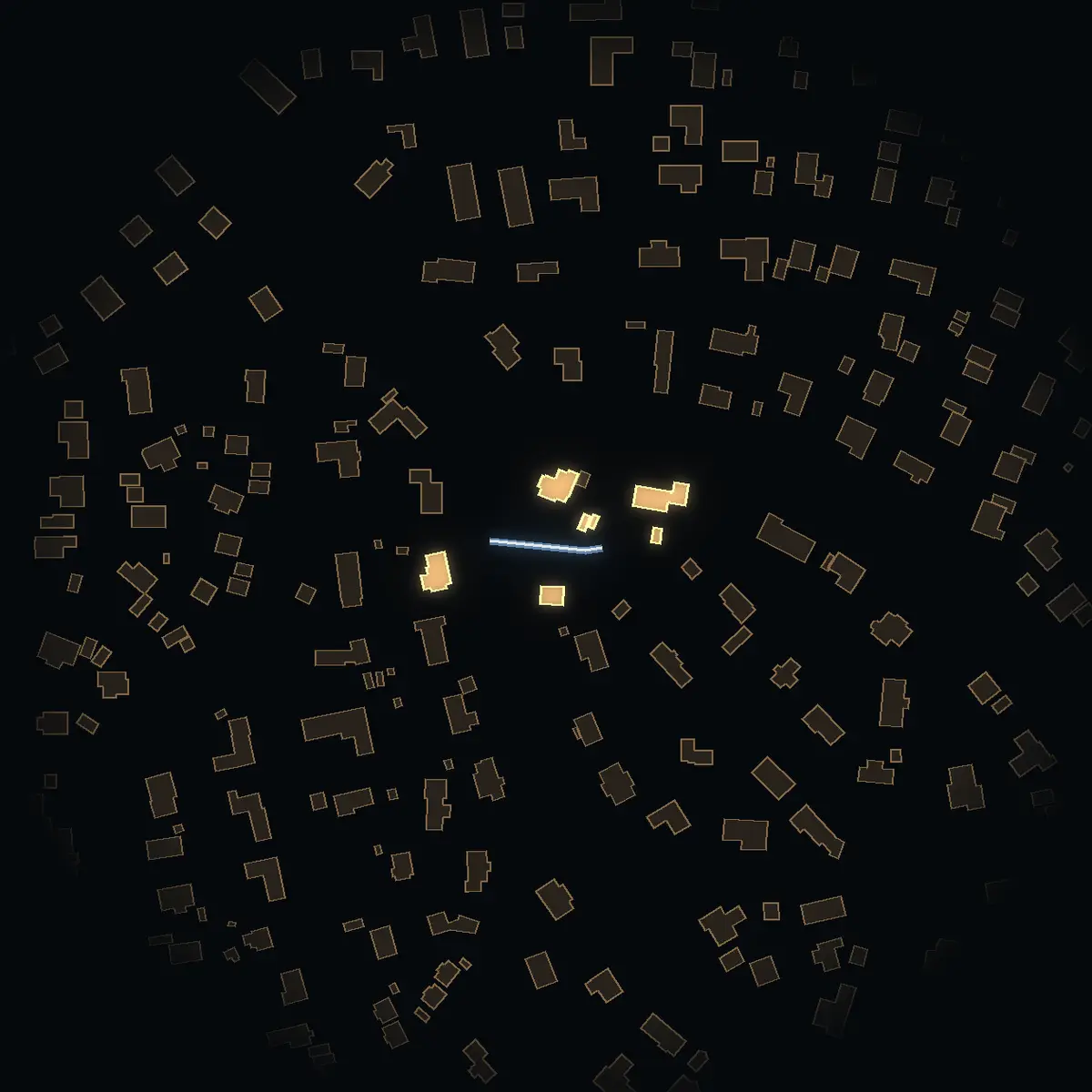The street at night: Rönnbärsvägen drawn in white, its buildings lit in the colour of their area’s income