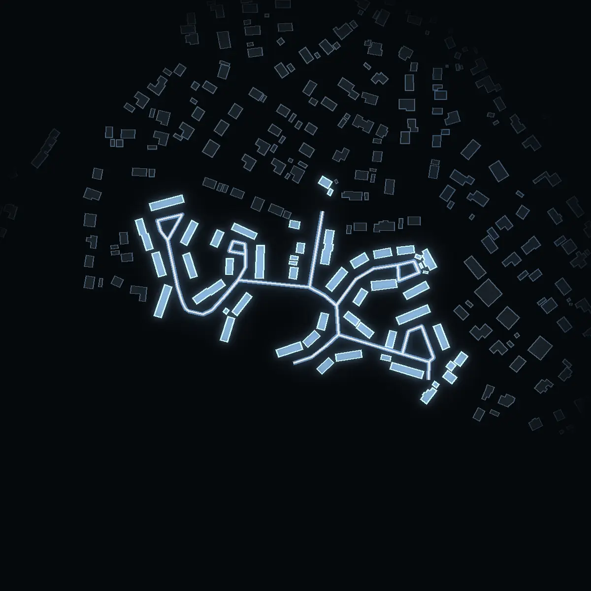 The street at night: Ropgränd drawn in white, its buildings lit in the colour of their area’s income