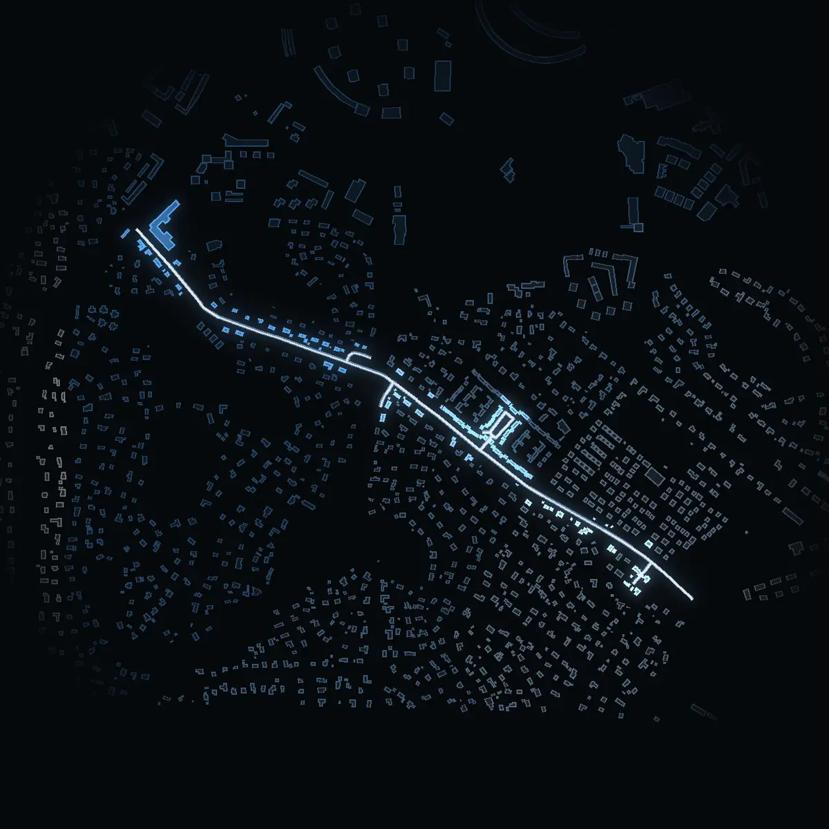 The street at night: Sågtorpsvägen drawn in white, its buildings lit in the colour of their area’s income