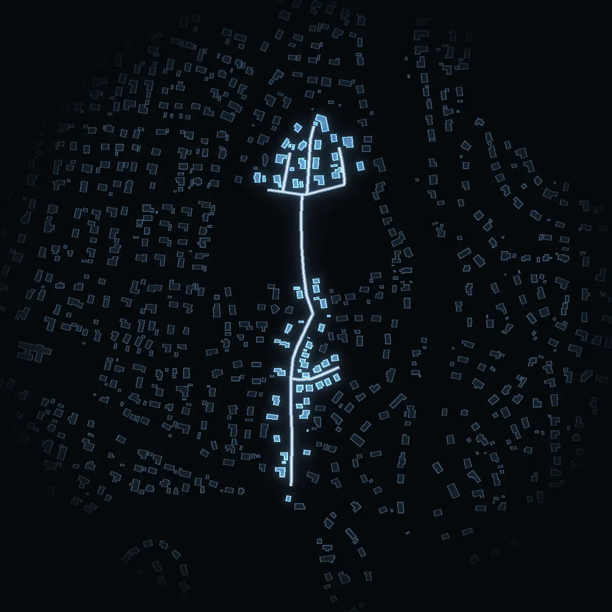 The street at night: Sälgvägen drawn in white, its buildings lit in the colour of their area’s income