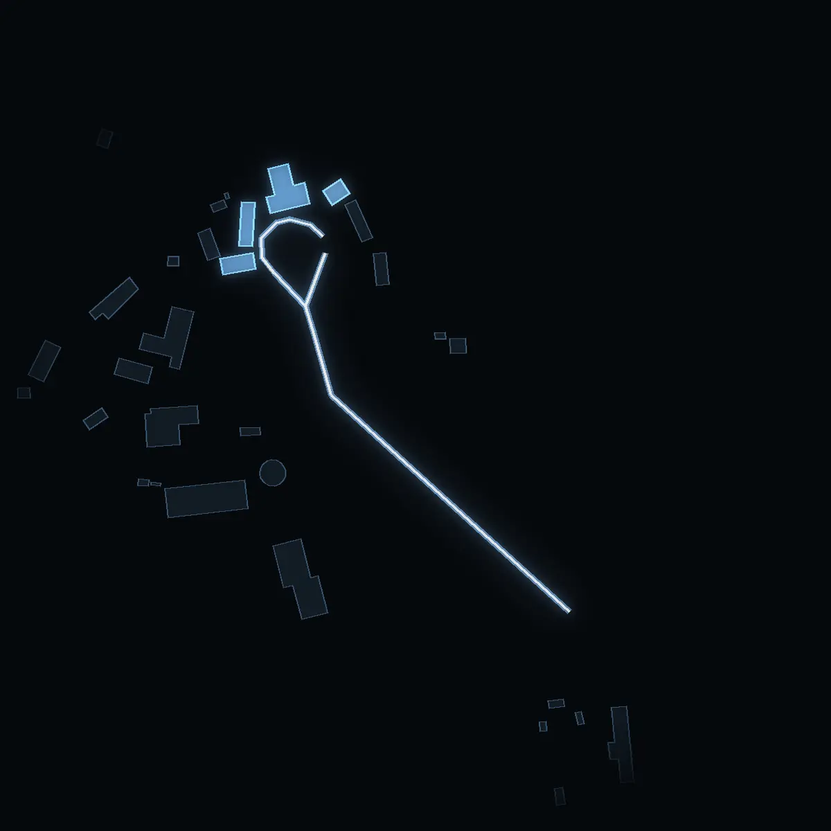 The street at night: Såstaholms allé drawn in white, its buildings lit in the colour of their area’s income