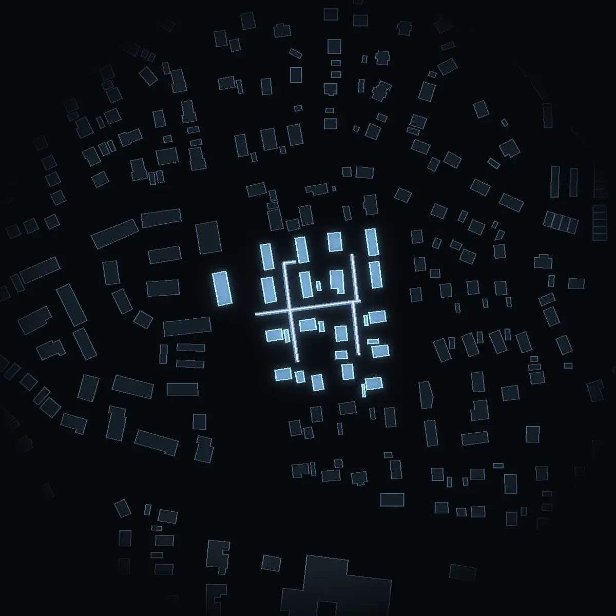 The street at night: Silvergränd drawn in white, its buildings lit in the colour of their area’s income