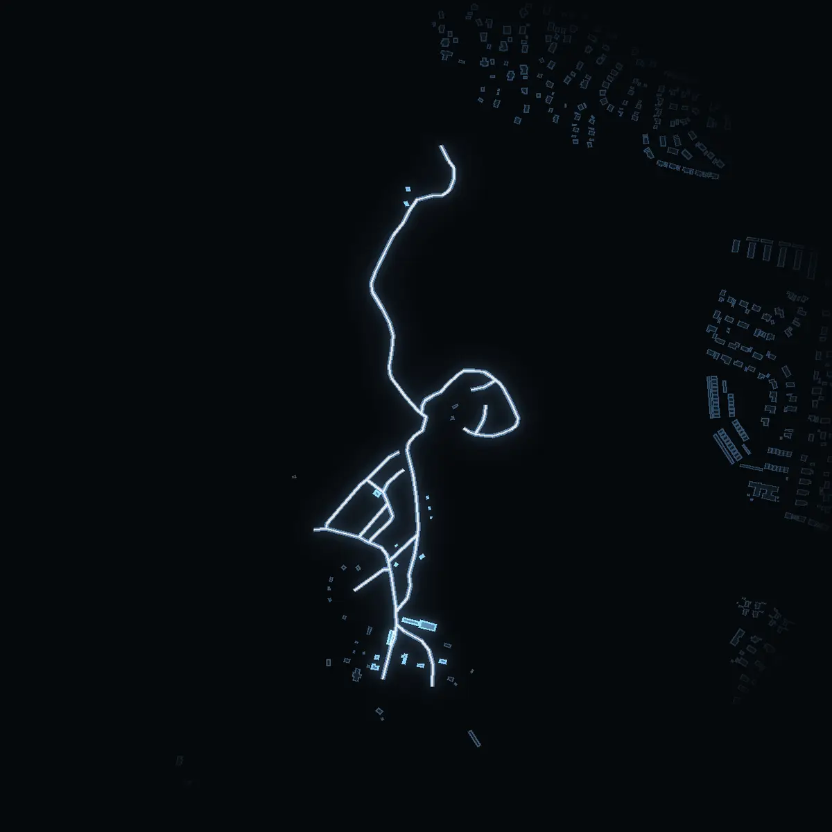 Gatan nattetid: Sjöbergsvägen inritad i vitt, husen tända i färgen för områdets inkomst