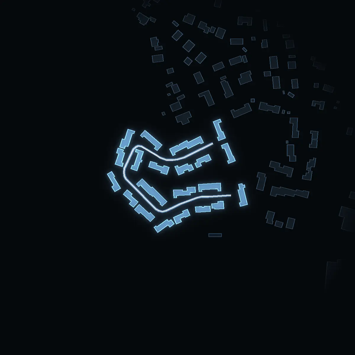 The street at night: Skaldvägen drawn in white, its buildings lit in the colour of their area’s income