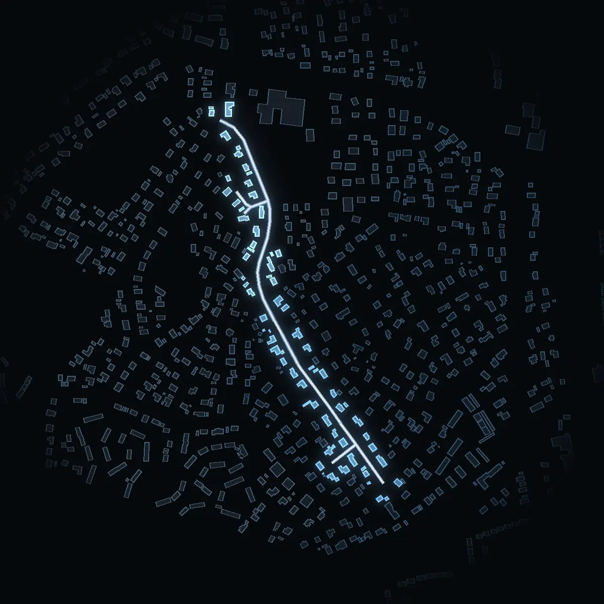 The street at night: Skarpängsvägen drawn in white, its buildings lit in the colour of their area’s income