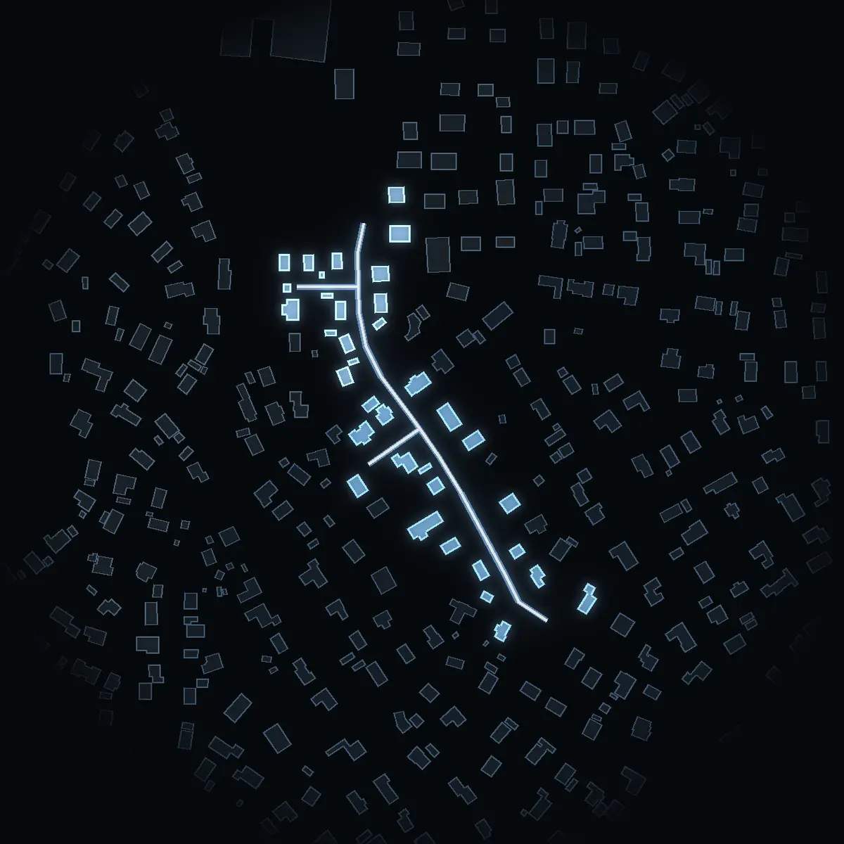 The street at night: Skogsliden drawn in white, its buildings lit in the colour of their area’s income
