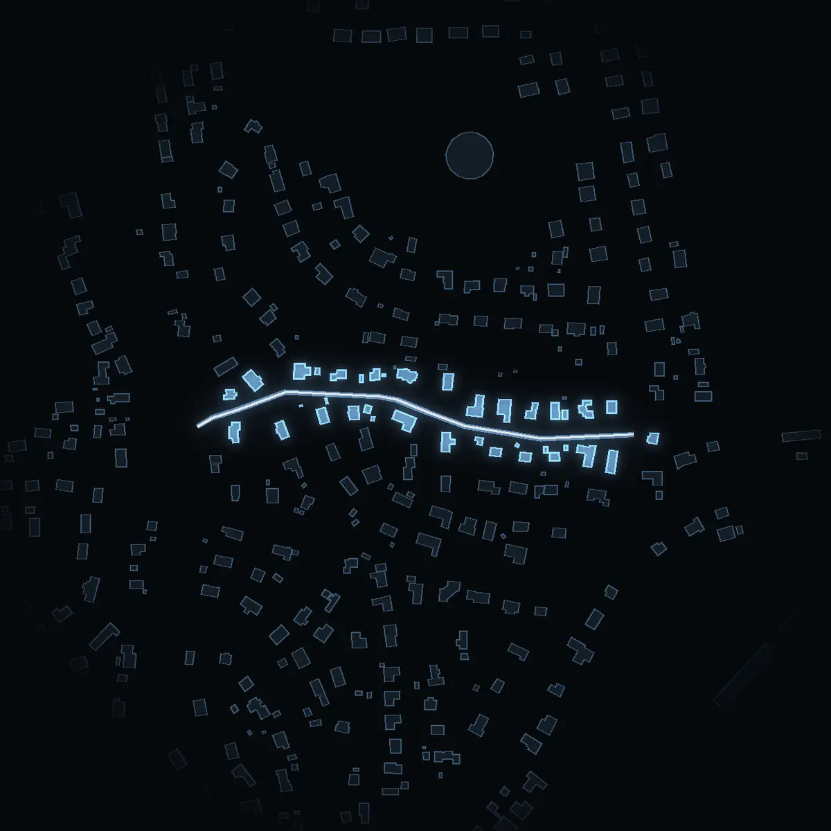 The street at night: Sköldvägen drawn in white, its buildings lit in the colour of their area’s income