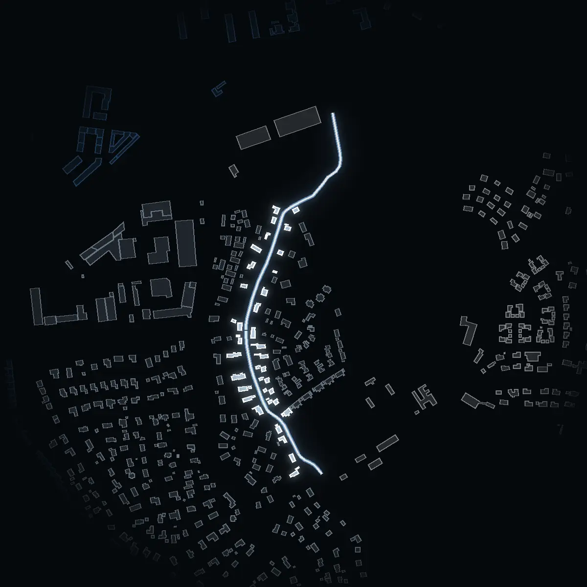 The street at night: Skördevägen drawn in white, its buildings lit in the colour of their area’s income