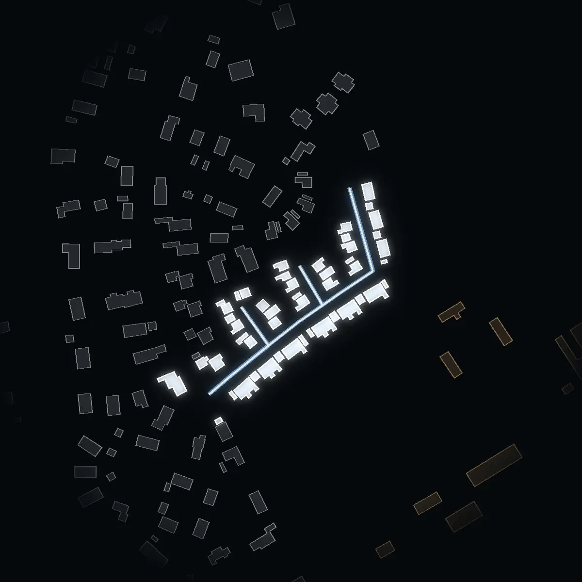 The street at night: Slåttergränd drawn in white, its buildings lit in the colour of their area’s income