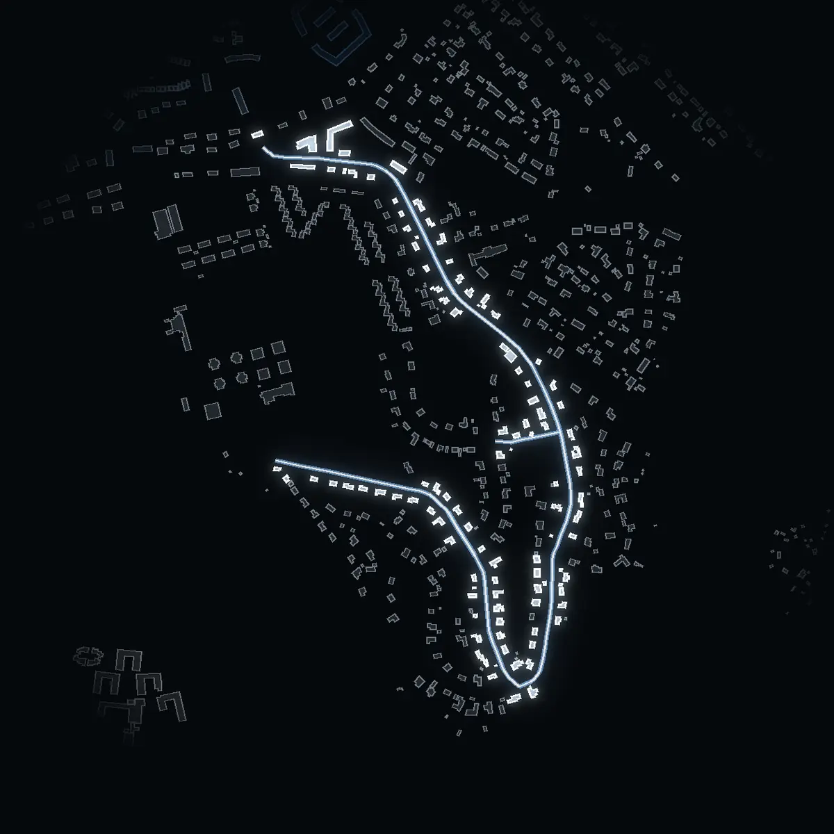 The street at night: Slottsvägen drawn in white, its buildings lit in the colour of their area’s income