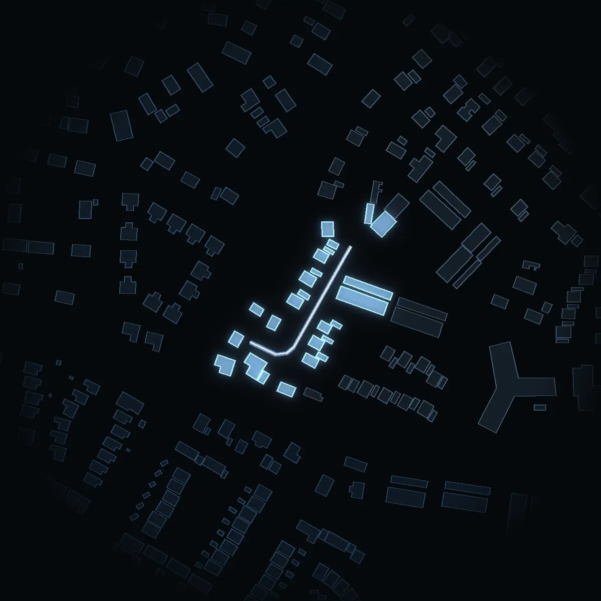 The street at night: Snöbärsgränd drawn in white, its buildings lit in the colour of their area’s income