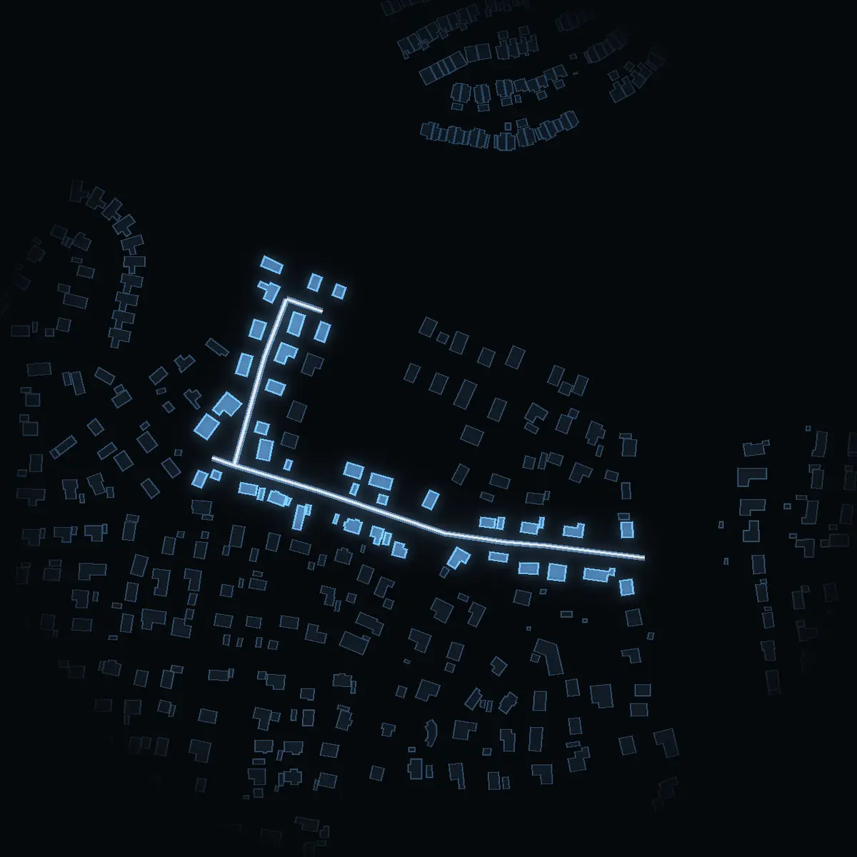 The street at night: Sportvägen drawn in white, its buildings lit in the colour of their area’s income