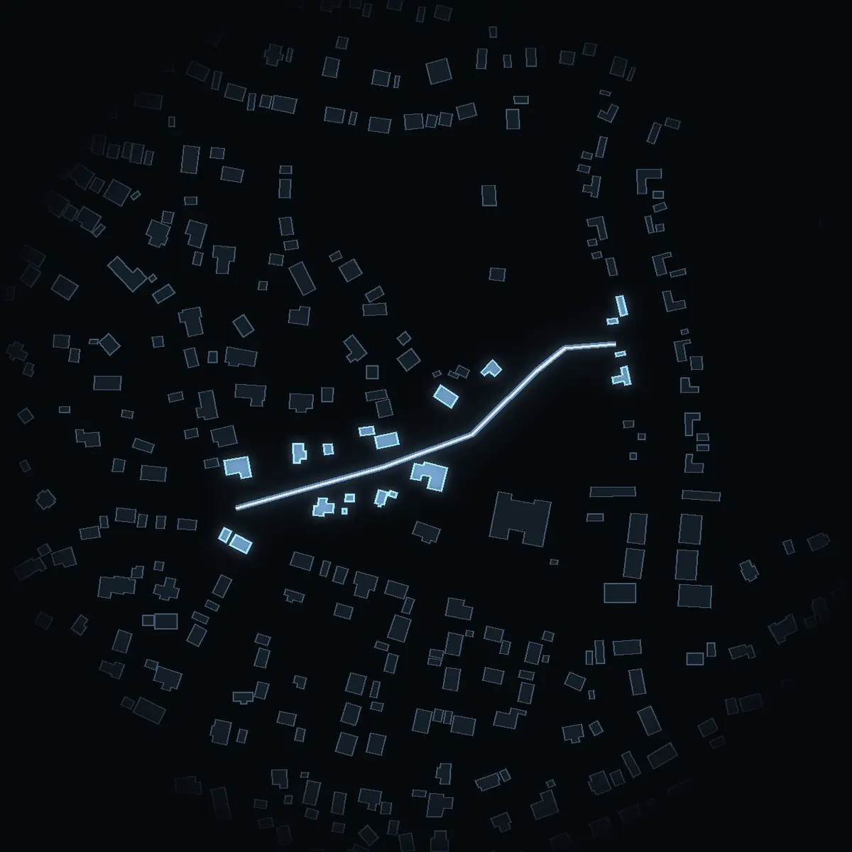 The street at night: Tjalvevägen drawn in white, its buildings lit in the colour of their area’s income