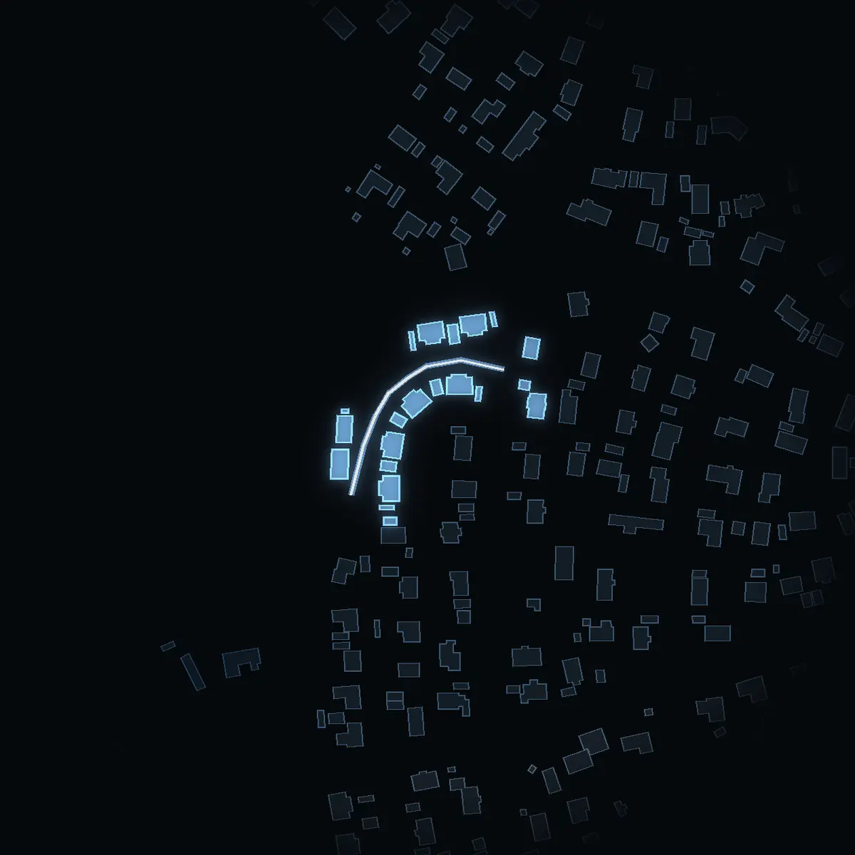 The street at night: Tjärdalsgränd drawn in white, its buildings lit in the colour of their area’s income