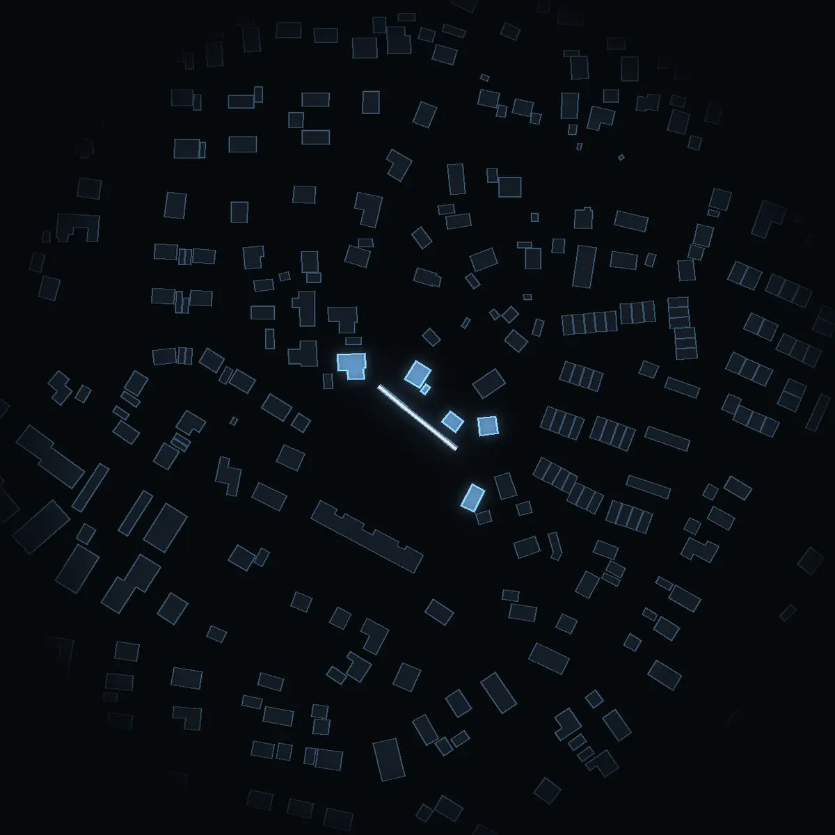 The street at night: Torget drawn in white, its buildings lit in the colour of their area’s income