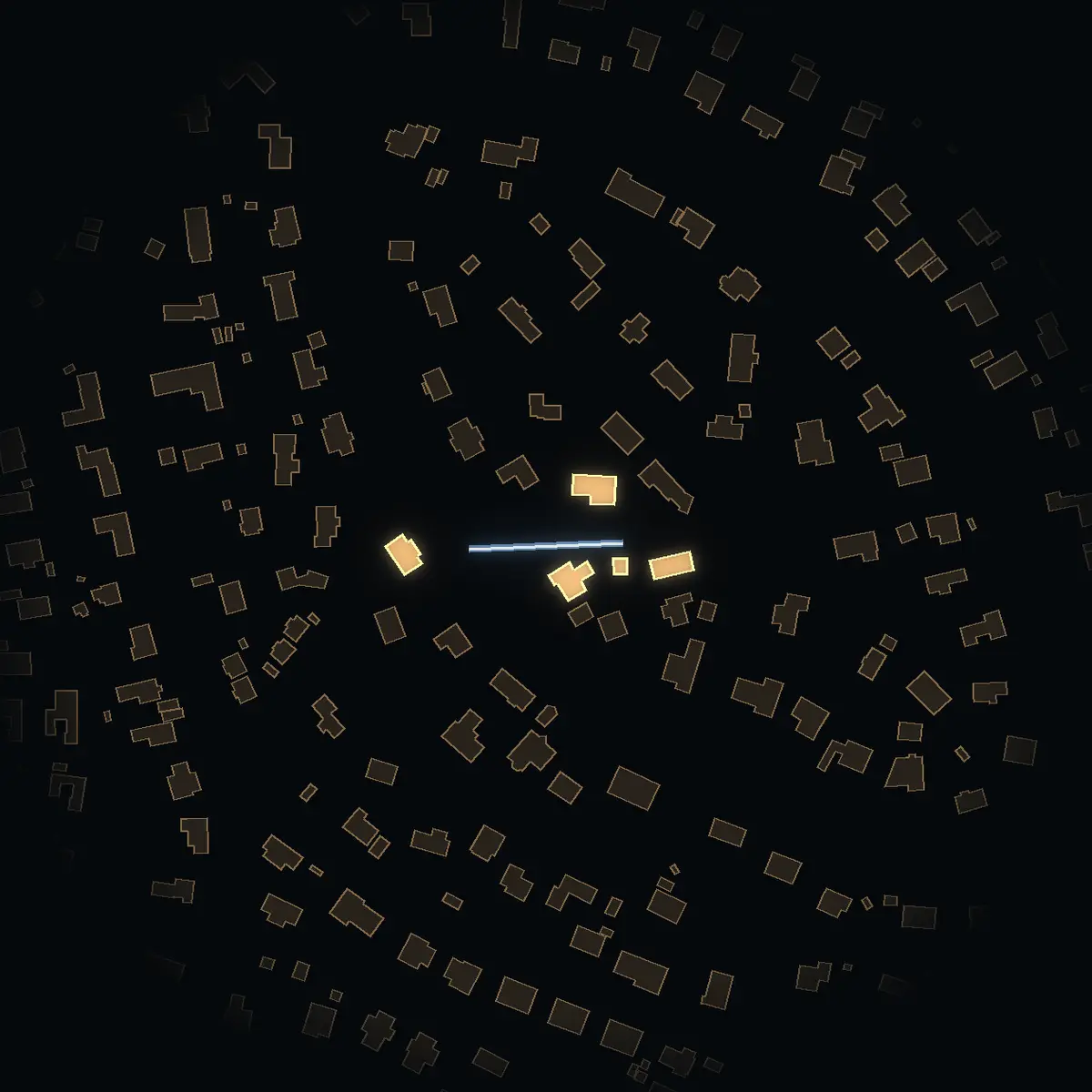 The street at night: Tornögränd drawn in white, its buildings lit in the colour of their area’s income