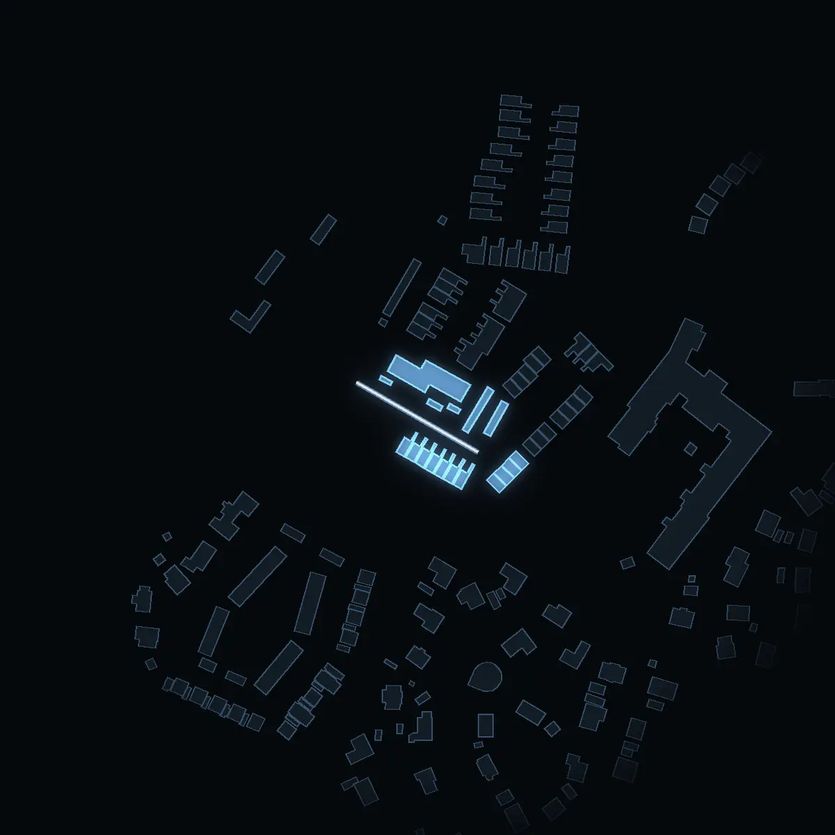 The street at night: Torpängsgränd drawn in white, its buildings lit in the colour of their area’s income