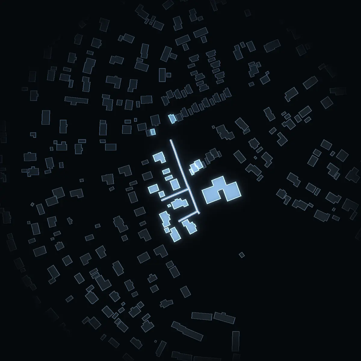 The street at night: Torvmossegränd drawn in white, its buildings lit in the colour of their area’s income